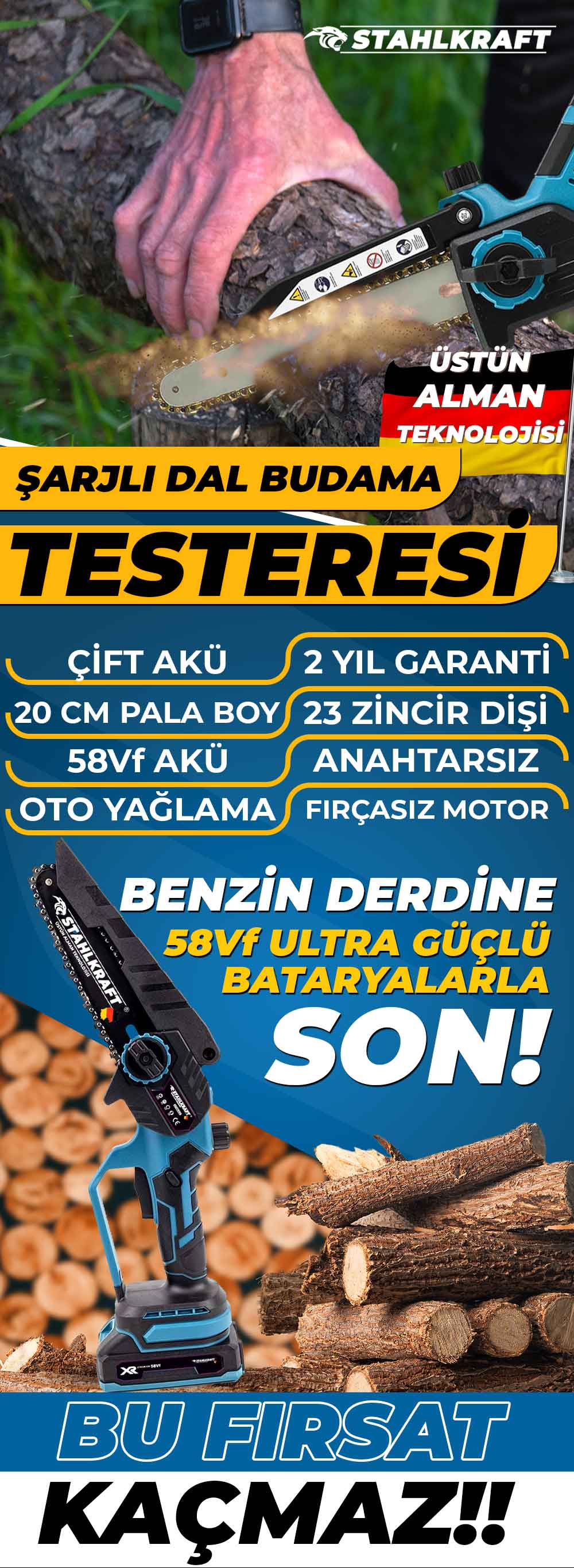 STAHLKRAFT STH 6322 58Vf Otomatik Yağlı 20 cm Pala Akülü Dal Budama Testeresi Yaprak