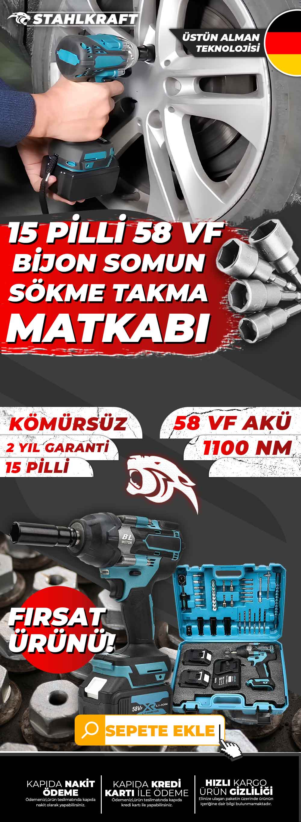 STAHLKRAFT STH 9294 Plus 1100 Nm 58Vf 15 pil Akülü Kömürsüz Yüksek Tork Somun Sökme Yaprak