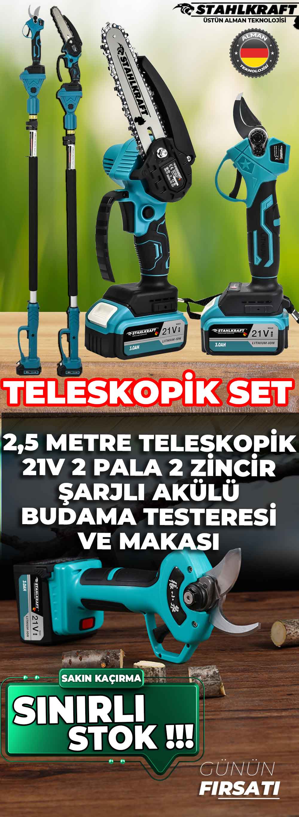 STAHLKRAFT STH 9980 M + STH 1010 3 Lü Set 2,5m Teleskopik tutucu & Makas & Akülü Dal Budama Testeresi 2 pala 2 zincir Şarjlı
