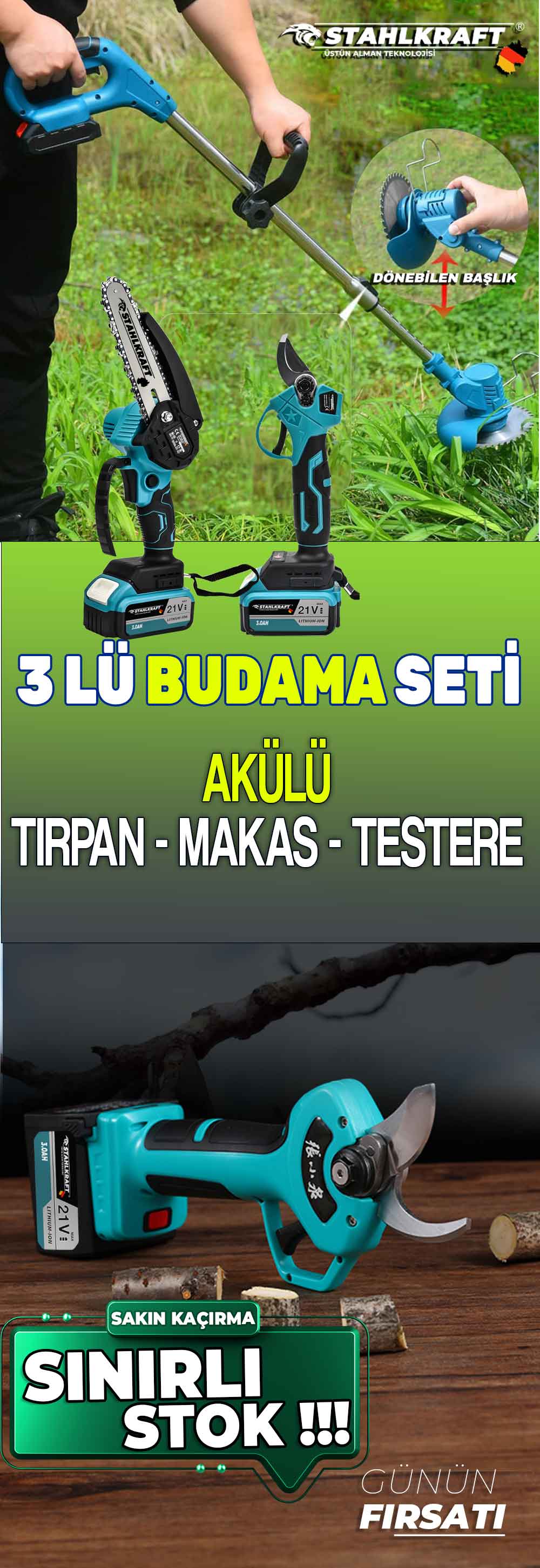 STAHLKRAFT STH 9980 M + STH 6233 3 Lü Set Akülü Tırpan & Makas & Akülü Dal Budama Testeresi 2 pala 2 zincir Şarjlı